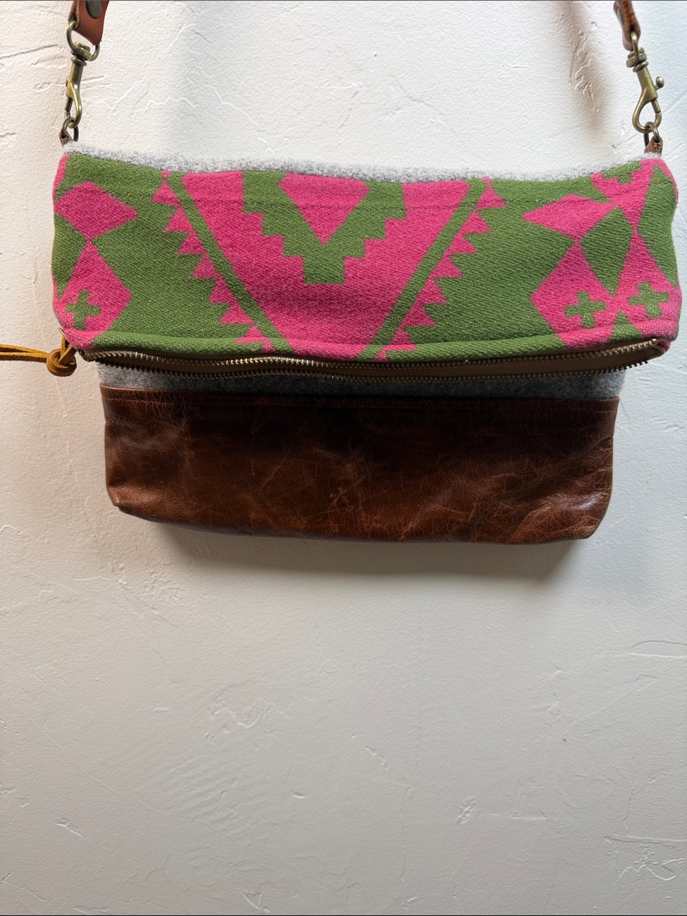 Nan-made Green & Pink wool Patterned Leather-Trim Crossbody Bag